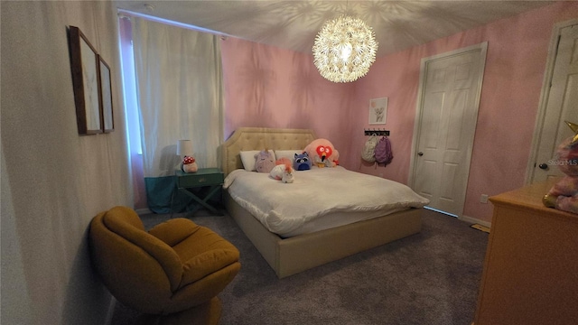 carpeted bedroom with a notable chandelier