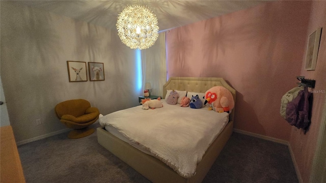 carpeted bedroom with a notable chandelier