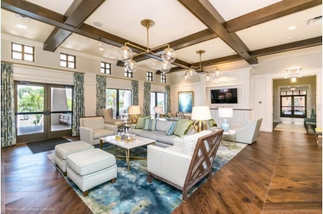 living room featuring coffered ceiling, dark hardwood / wood-style floors, french doors, and beamed ceiling