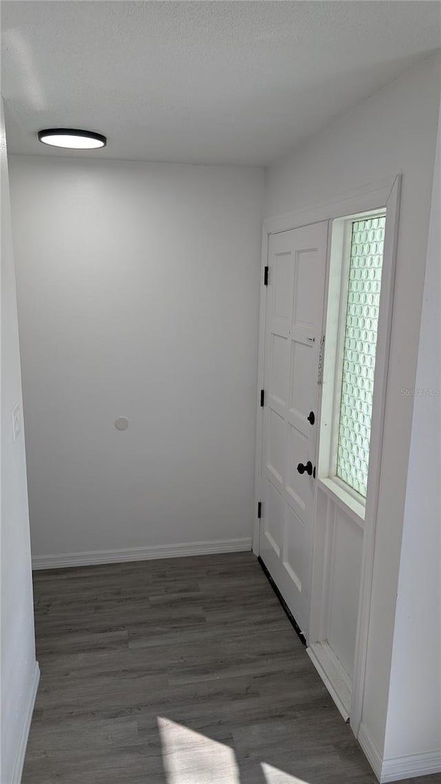 foyer entrance with dark hardwood / wood-style flooring and a textured ceiling