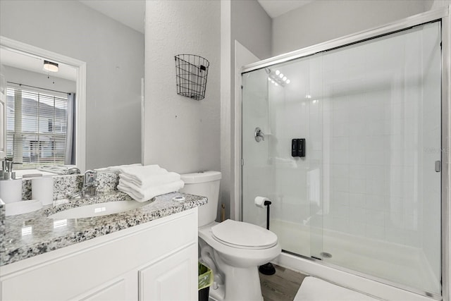 full bathroom featuring vanity, a stall shower, wood finished floors, and toilet