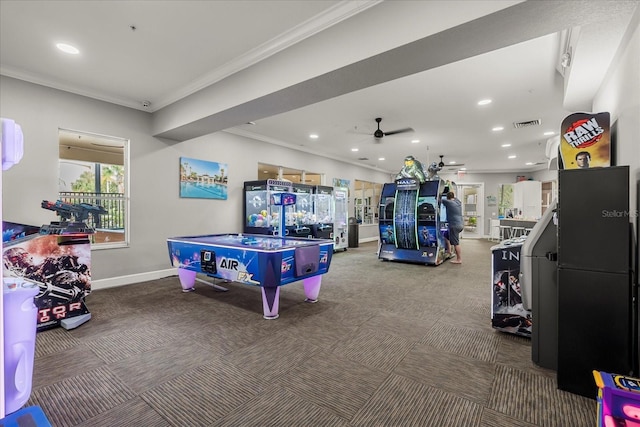 recreation room featuring carpet floors, recessed lighting, crown molding, and baseboards