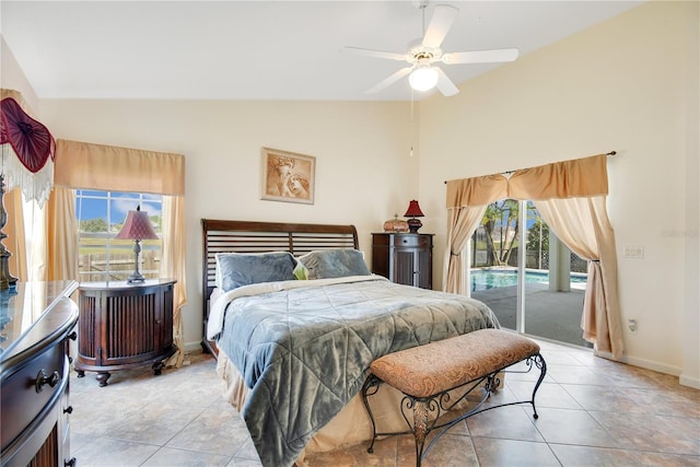 tiled bedroom with ceiling fan, lofted ceiling, multiple windows, and access to outside