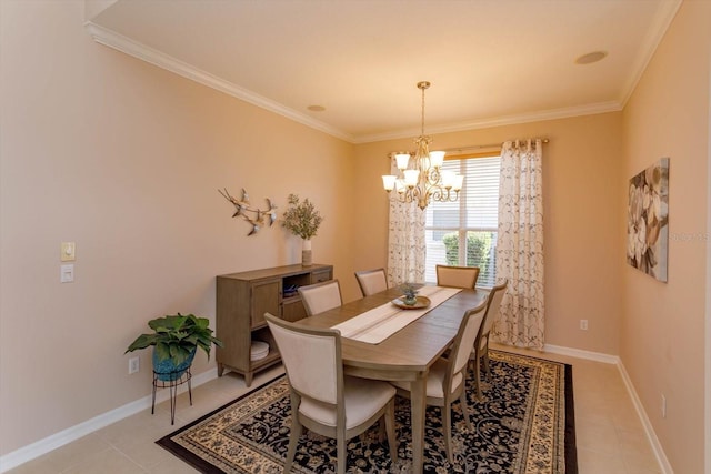 tiled dining space with an inviting chandelier and ornamental molding