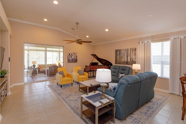 tiled living room with ceiling fan, ornamental molding, and lofted ceiling