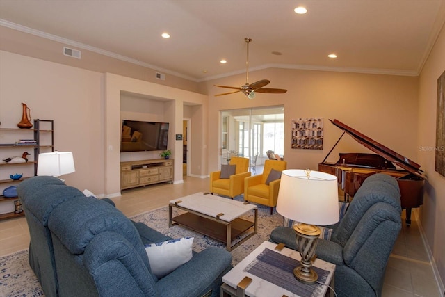 tiled living room with ceiling fan, lofted ceiling, and ornamental molding