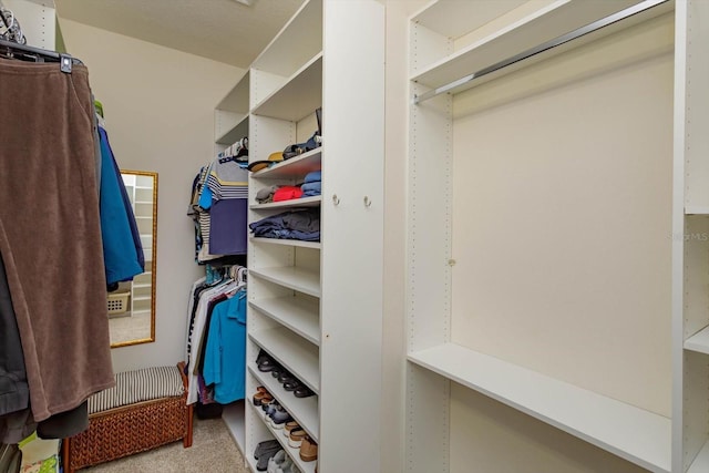 walk in closet featuring light colored carpet