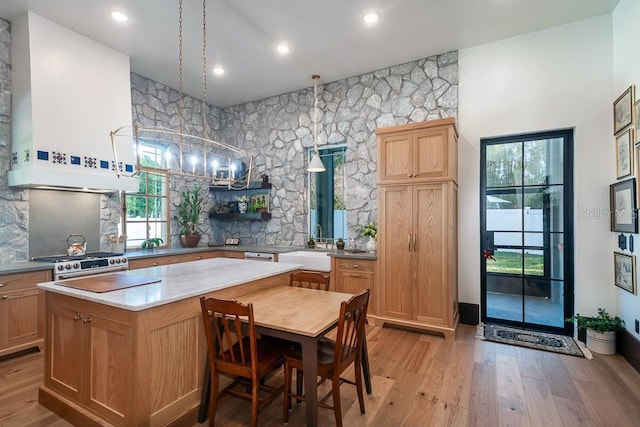 kitchen featuring sink, light hardwood / wood-style flooring, stainless steel gas stove, extractor fan, and a kitchen island