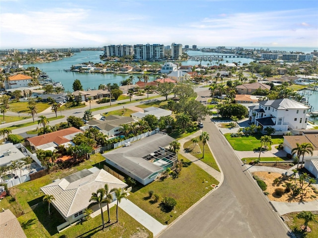 drone / aerial view with a water view