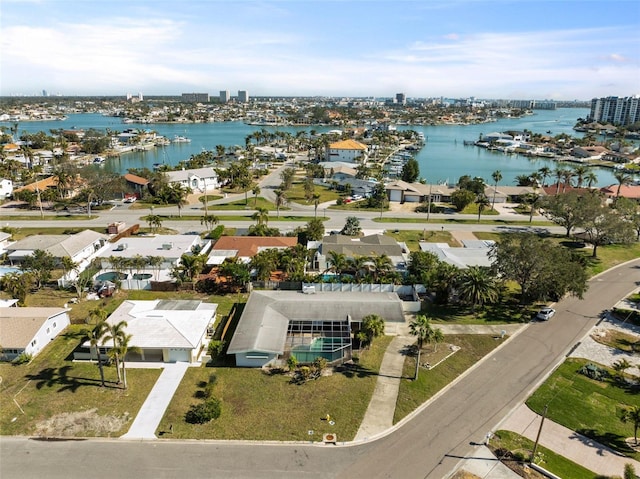 aerial view featuring a water view