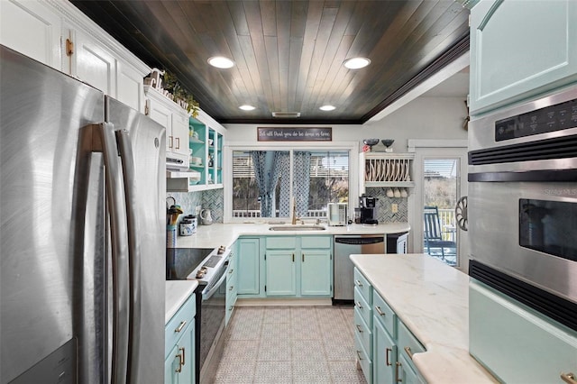 kitchen featuring sink, wood ceiling, backsplash, stainless steel appliances, and white cabinets