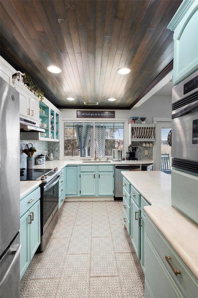 kitchen with tasteful backsplash, appliances with stainless steel finishes, sink, and wood ceiling