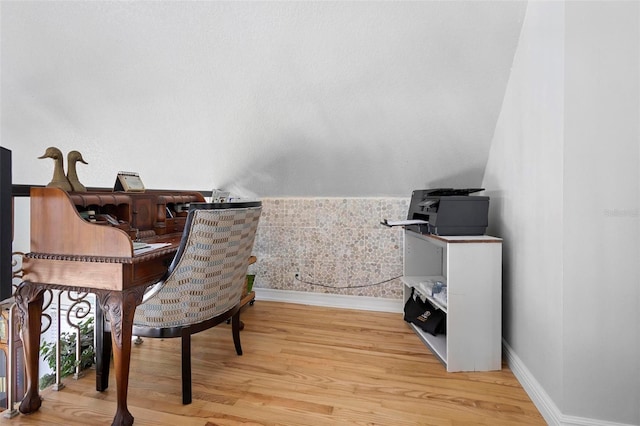 office featuring lofted ceiling and light wood-type flooring