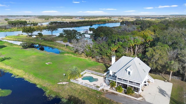 aerial view featuring a water view