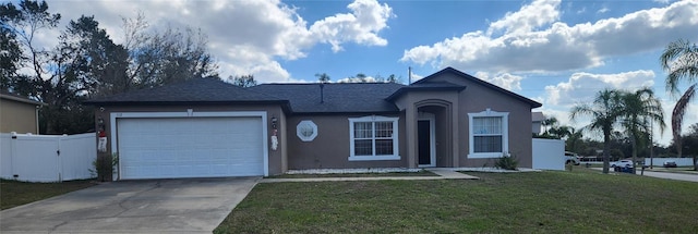 single story home featuring a garage and a front yard