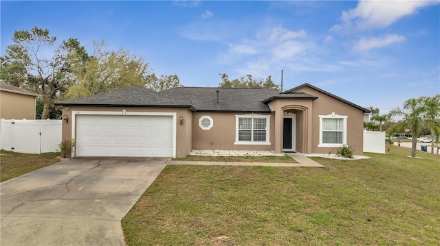 ranch-style house featuring concrete driveway, an attached garage, fence, a front lawn, and stucco siding