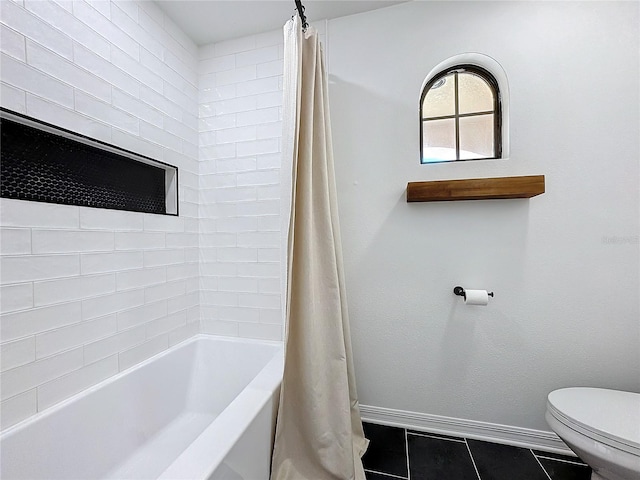 bathroom featuring toilet, shower / bathtub combination with curtain, and tile patterned flooring