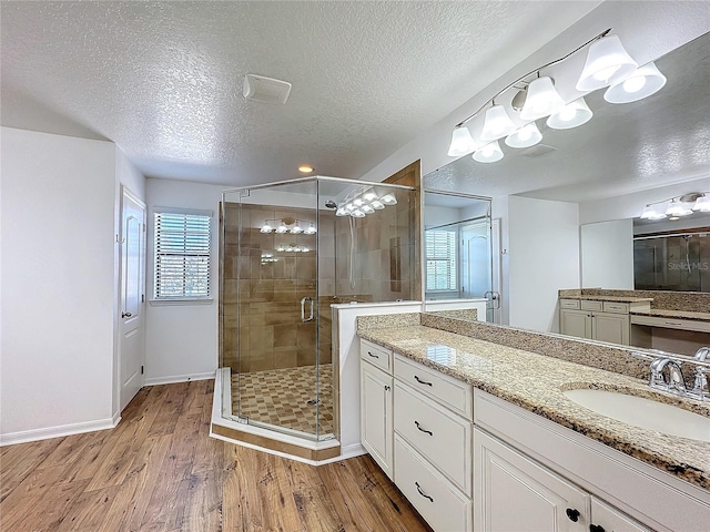 bathroom featuring an enclosed shower, hardwood / wood-style floors, and vanity