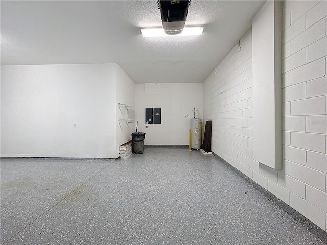 garage with water heater, a garage door opener, and electric panel