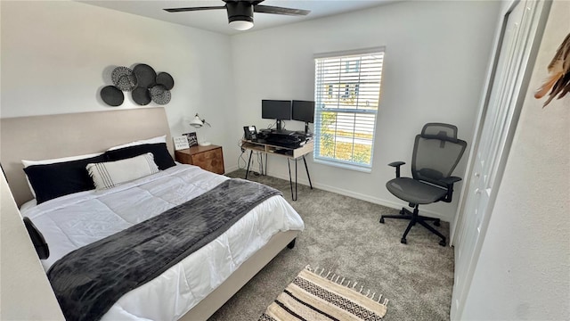 carpeted bedroom with ceiling fan