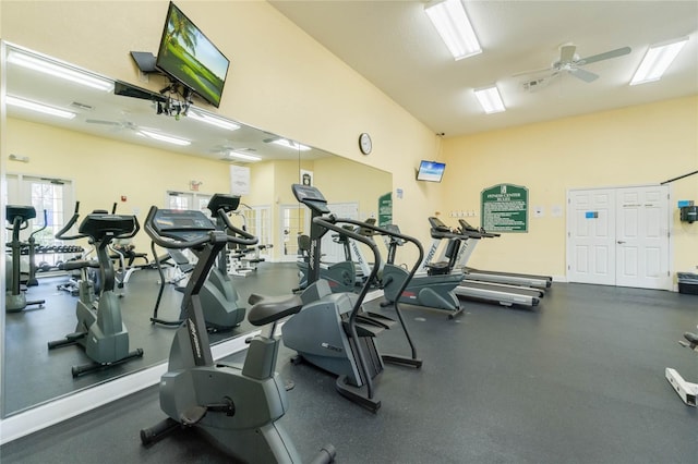 exercise room with ceiling fan