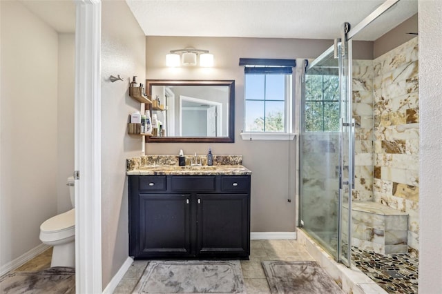 bathroom featuring a shower with door, vanity, and toilet