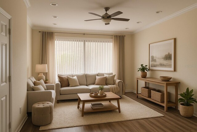 6855 Sperone St, Orlando, FL 32819 - living room with wood finished floors, a ceiling fan, crown molding, and recessed lighting