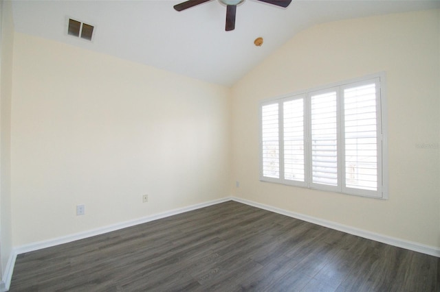 6855 Sperone St, Orlando, FL 32819 - unfurnished room with a ceiling fan, dark wood-style flooring, lofted ceiling, and a smoke detector