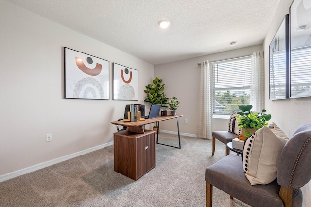 carpeted home office featuring a textured ceiling