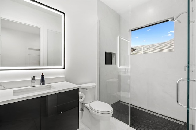 bathroom featuring toilet, vanity, and walk in shower