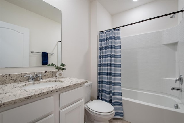 full bath with toilet, shower / bathtub combination with curtain, and vanity