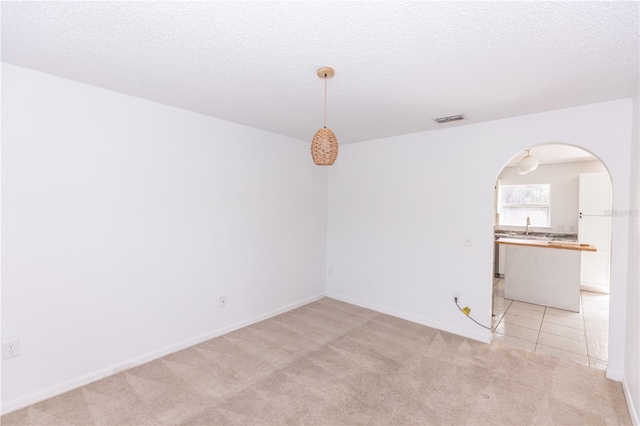 spare room featuring sink, light carpet, and a textured ceiling