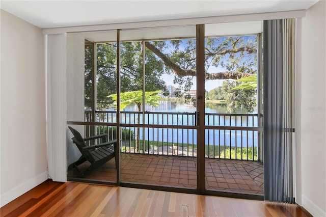 doorway to outside featuring a water view and wood-type flooring