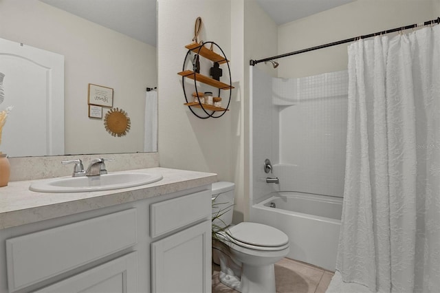 full bathroom with tile patterned flooring, vanity, toilet, and shower / bath combo with shower curtain