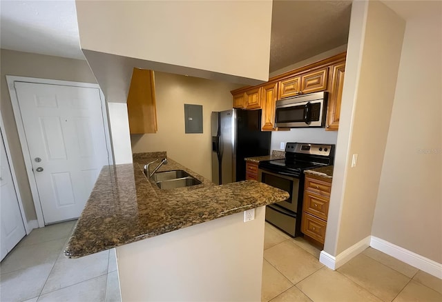 kitchen with light tile patterned flooring, appliances with stainless steel finishes, sink, electric panel, and kitchen peninsula