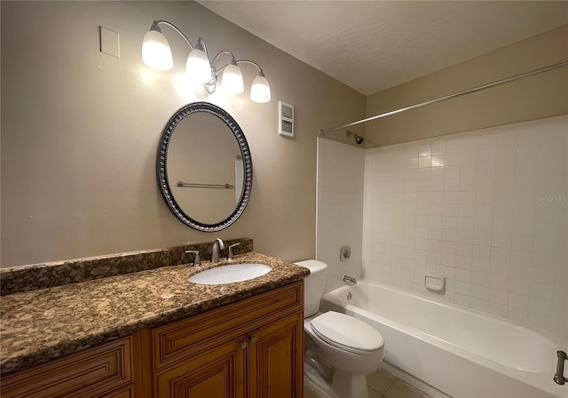 full bathroom with tiled shower / bath combo, vanity, and toilet