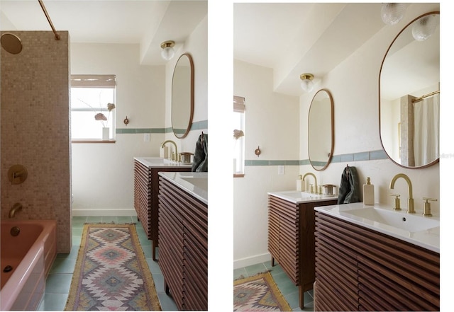 bathroom featuring tile walls, vanity, and tile patterned flooring