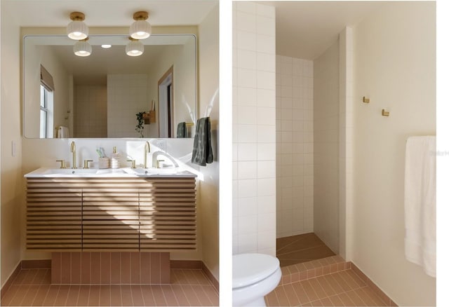 bathroom featuring vanity, tile patterned floors, and toilet