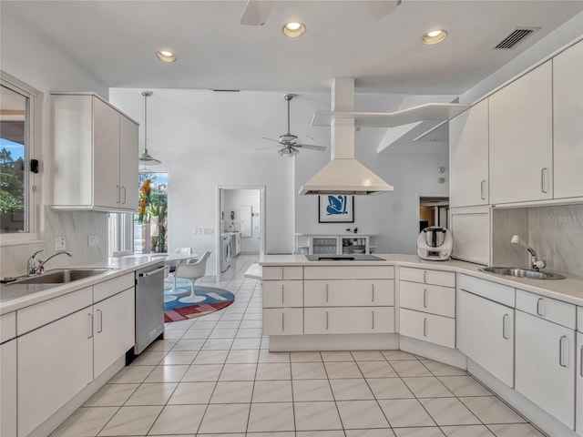 kitchen with visible vents, dishwasher, ventilation hood, a sink, and light tile patterned flooring