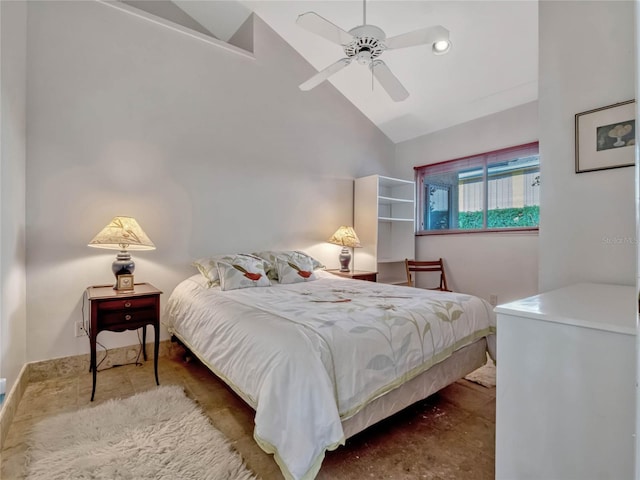 bedroom featuring lofted ceiling and ceiling fan