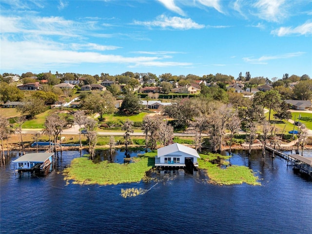 drone / aerial view featuring a water view