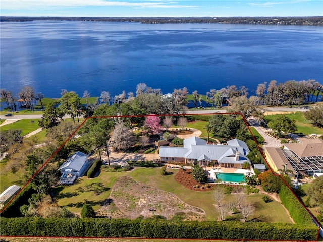 aerial view featuring a water view