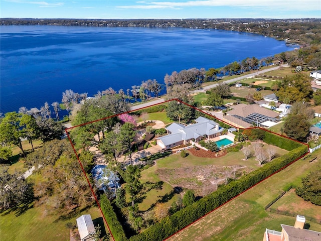 drone / aerial view featuring a water view