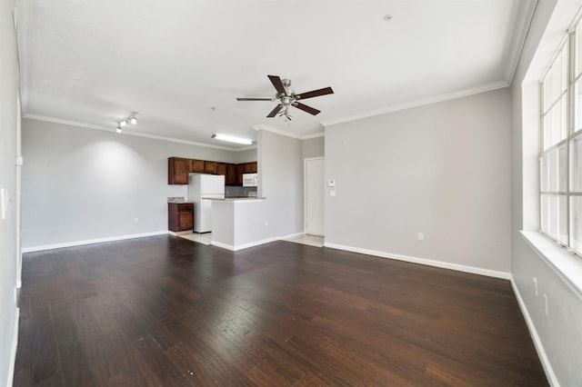 unfurnished living room featuring crown molding, dark wood-type flooring, and ceiling fan