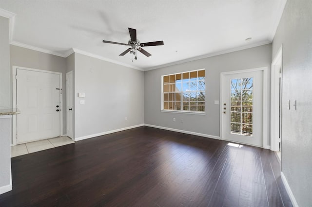 unfurnished room with hardwood / wood-style flooring, ornamental molding, and ceiling fan