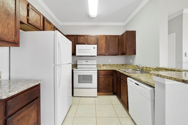 kitchen with sink, crown molding, white appliances, light stone countertops, and light tile patterned flooring