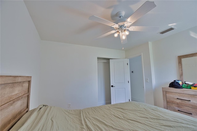 bedroom with ceiling fan and a closet