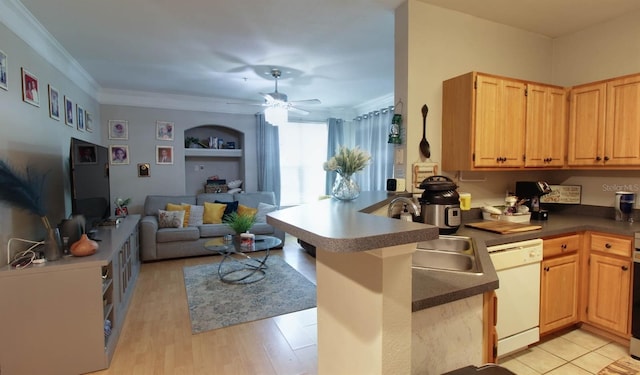 kitchen with dishwasher, sink, ornamental molding, ceiling fan, and kitchen peninsula