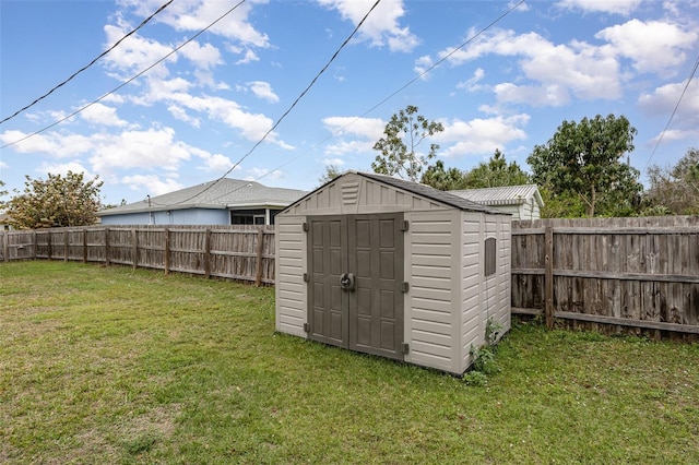 view of shed with a fenced backyard