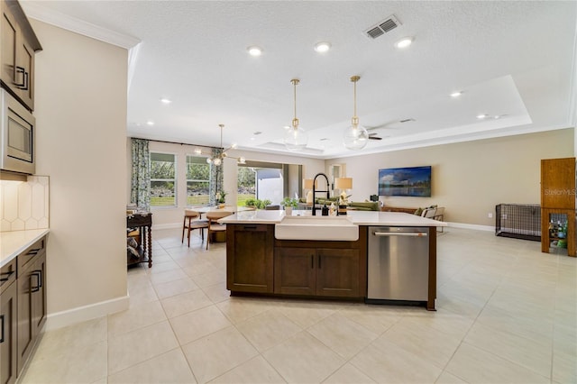 kitchen with stainless steel appliances, sink, a kitchen island with sink, and a tray ceiling